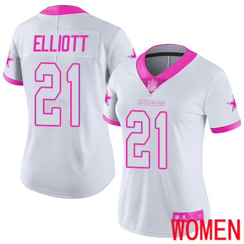 Women Dallas Cowboys Limited White Pink Ezekiel Elliott #21 Rush Fashion NFL Jersey->women nfl jersey->Women Jersey